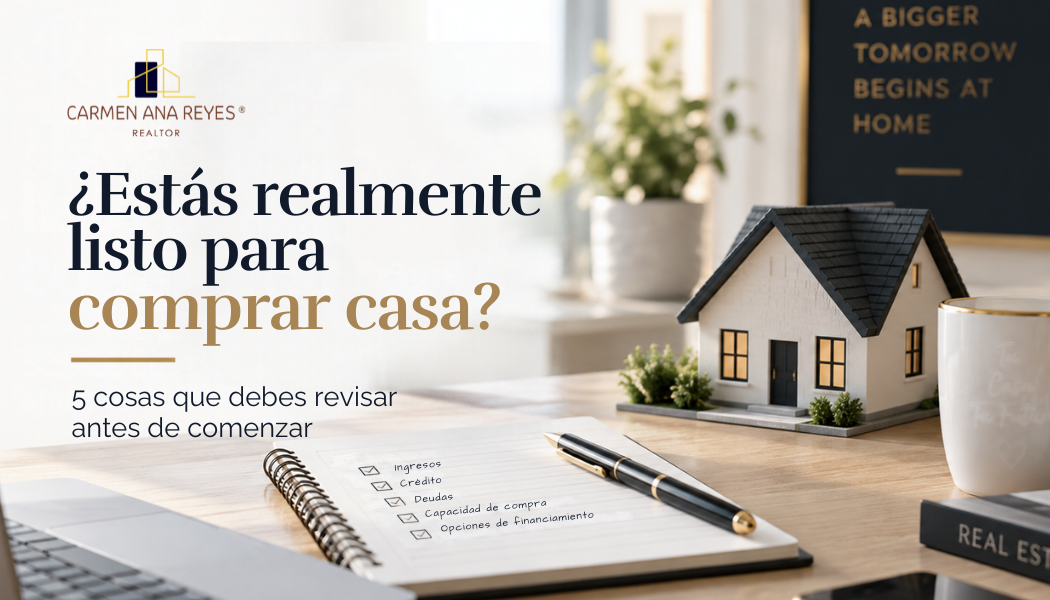 Imagen de portada sobre preparación para comprar una casa, con una lista de aspectos clave como ingresos, crédito, deudas, capacidad de compra y opciones de financiamiento.