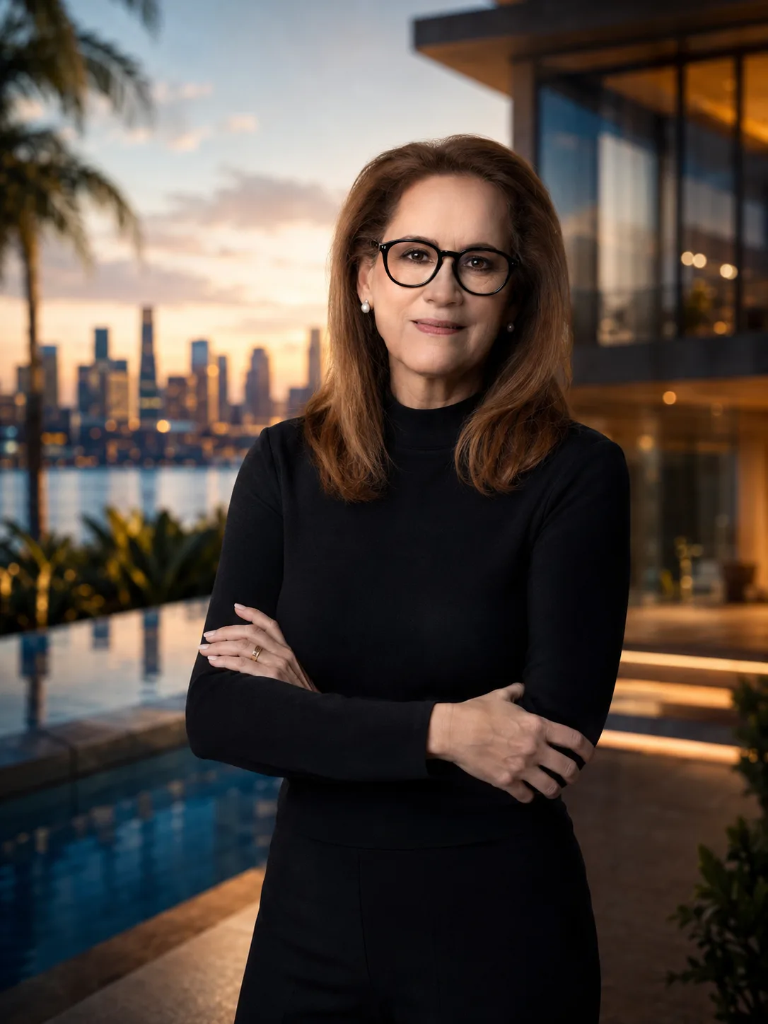 Carmen Ana Reyes, asesora inmobiliaria internacional, frente a una residencia al atardecer