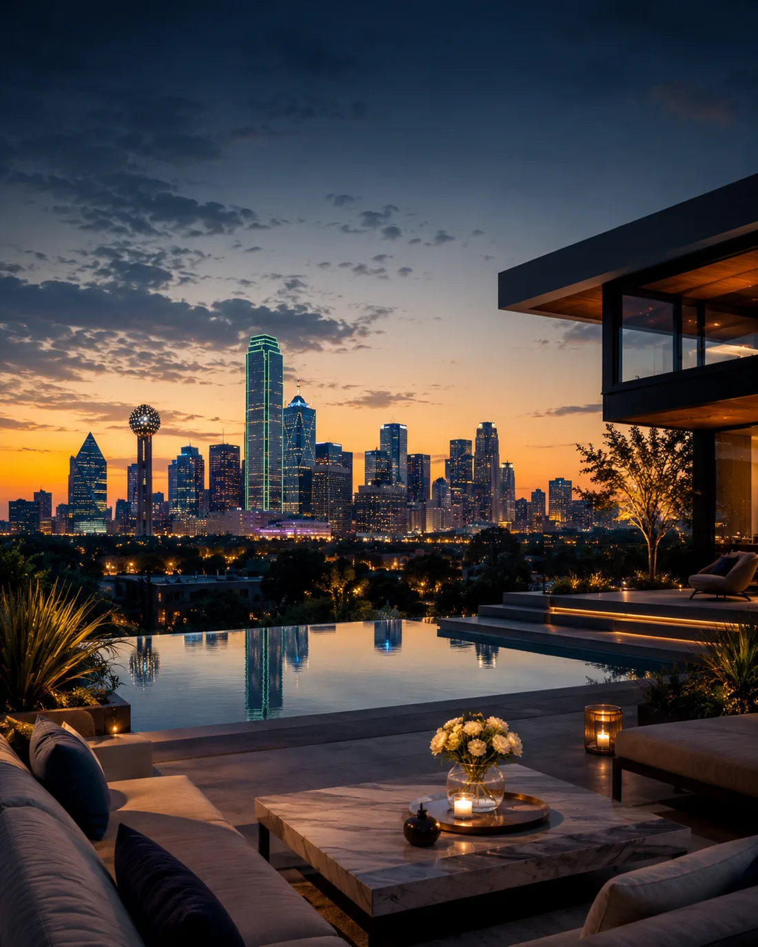 Horizonte de Dallas al atardecer visto desde una terraza con piscina