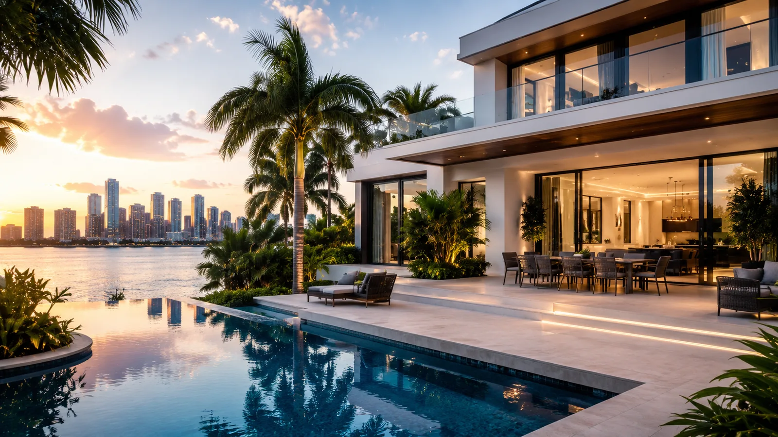 Villa frente al mar con piscina y el horizonte de Miami al fondo