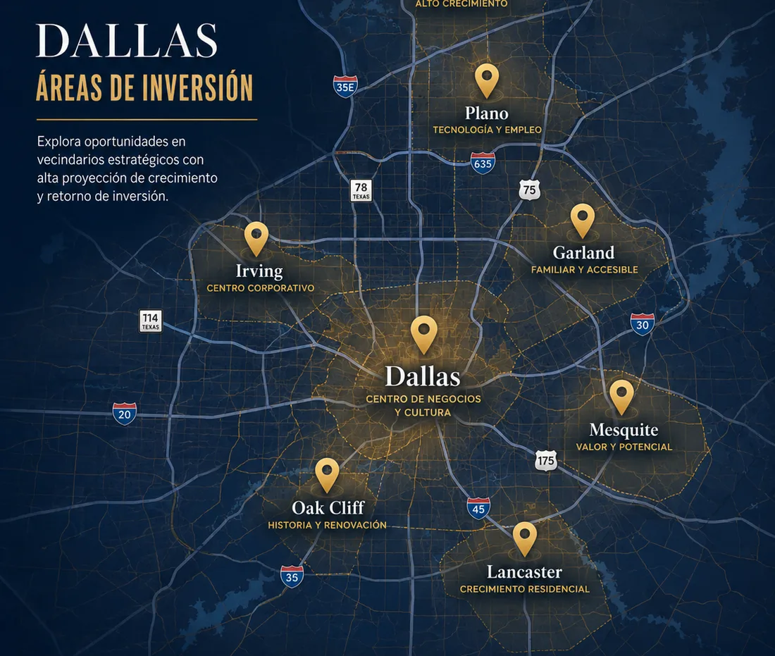Mapa de áreas de inversión en Dallas: Frisco, Plano, Garland, Irving, Mesquite, Oak Cliff y Lancaster