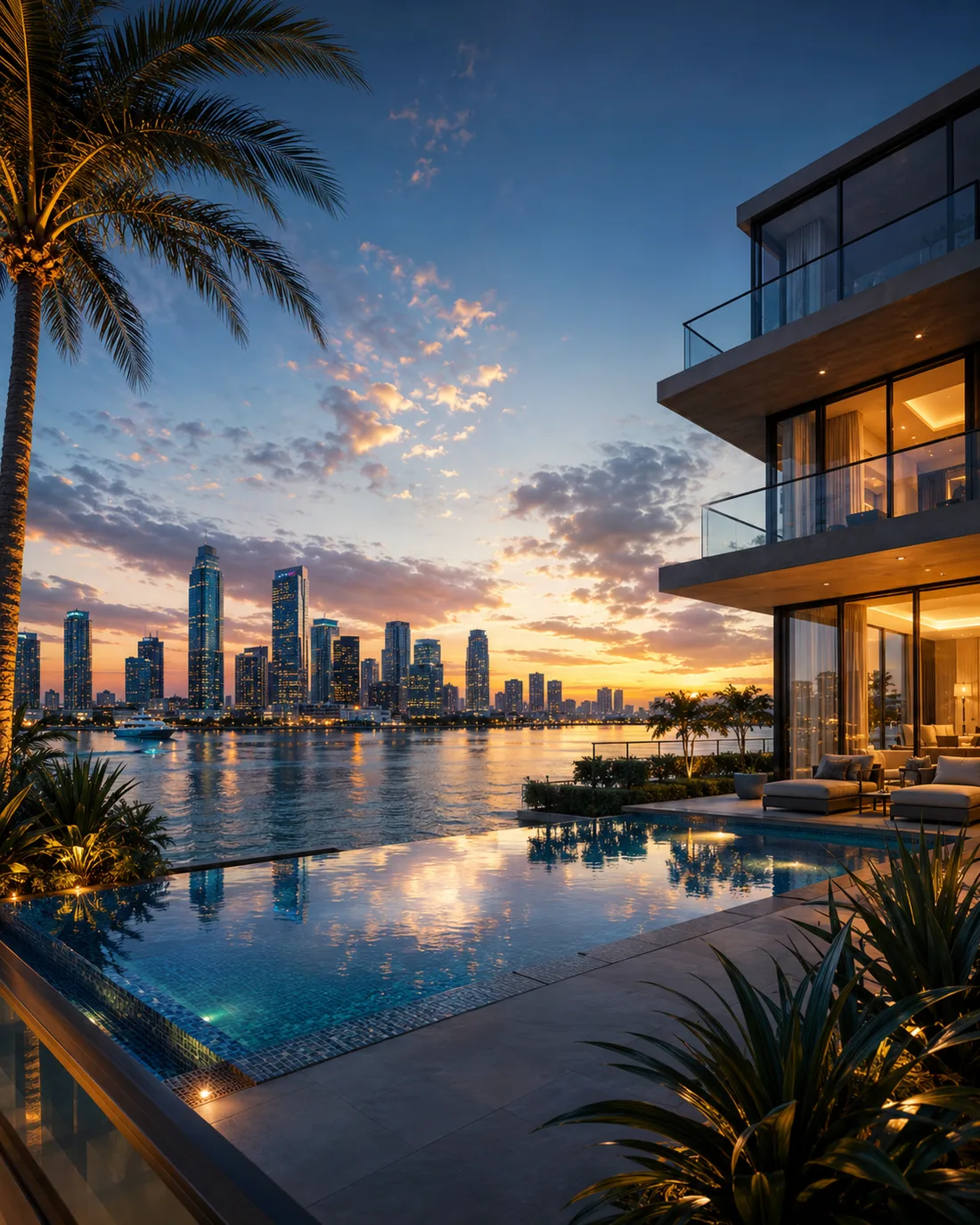 Bahía y horizonte de Miami al atardecer desde una residencia frente al mar